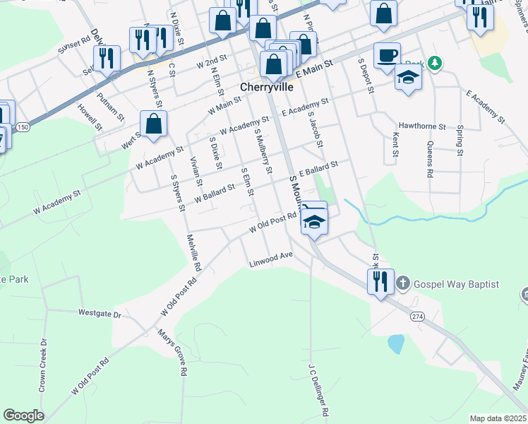 map of restaurants, bars, coffee shops, grocery stores, and more near 409 South Elm Street in Cherryville