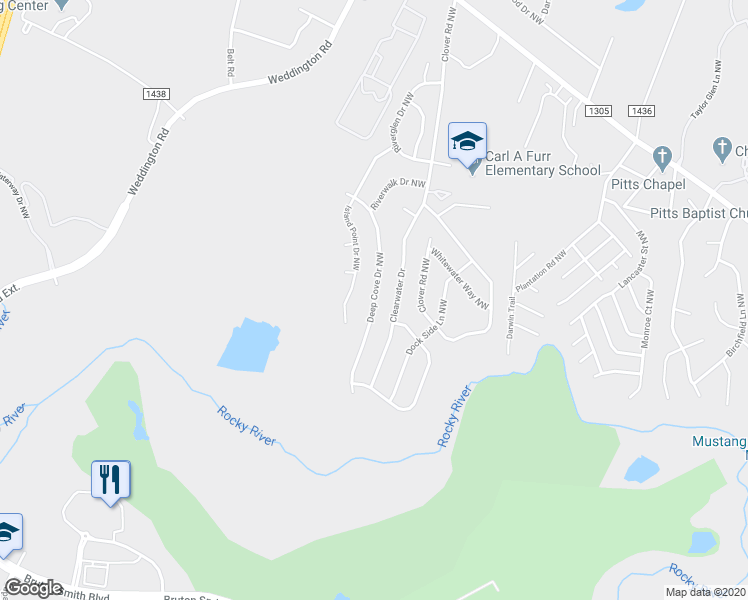 map of restaurants, bars, coffee shops, grocery stores, and more near 2949 Deep Cove Drive Northwest in Concord