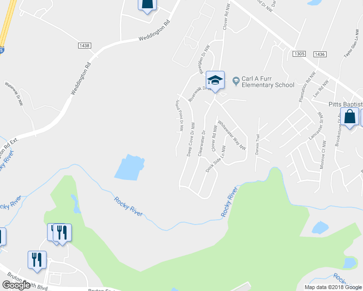 map of restaurants, bars, coffee shops, grocery stores, and more near 2901 Island Point Drive Northwest in Concord
