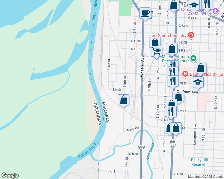 map of restaurants, bars, coffee shops, grocery stores, and more near 498 South 4th Street in Fort Smith