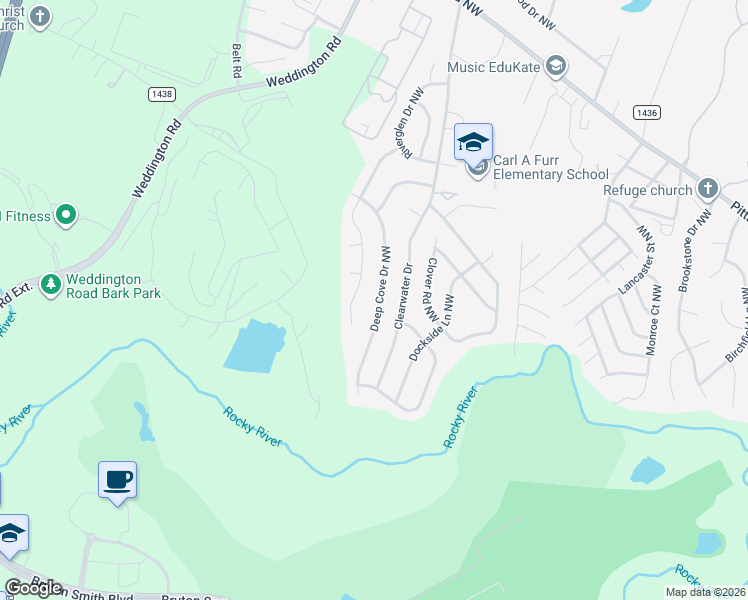 map of restaurants, bars, coffee shops, grocery stores, and more near 2942 Deep Cove Drive Northwest in Concord