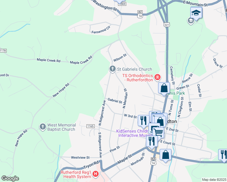 map of restaurants, bars, coffee shops, grocery stores, and more near 135 Benton Lane in Rutherfordton