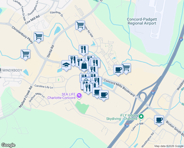 map of restaurants, bars, coffee shops, grocery stores, and more near 8210 Concord Mills Boulevard in Concord