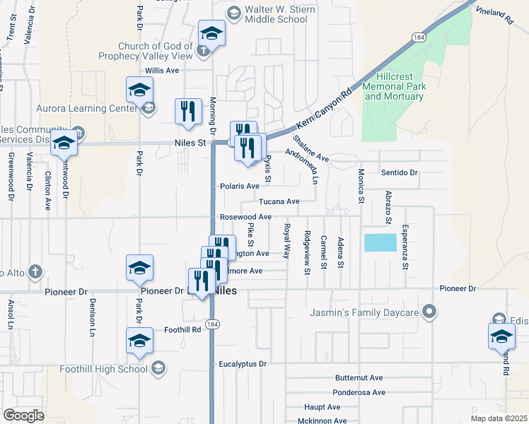 map of restaurants, bars, coffee shops, grocery stores, and more near 8404 Rosewood Avenue in Bakersfield