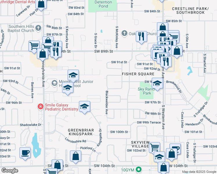 map of restaurants, bars, coffee shops, grocery stores, and more near 1220 Southwest 94th Street in Oklahoma City