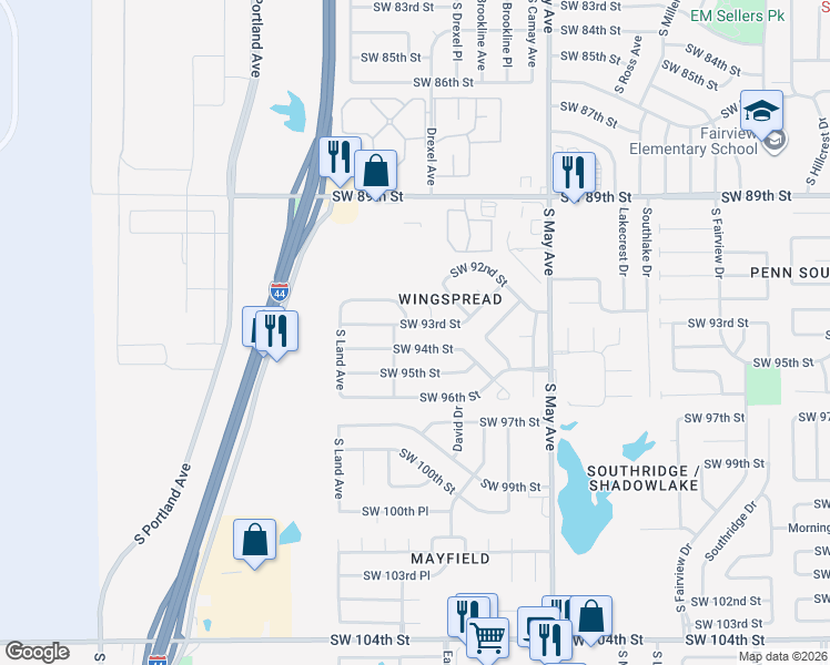 map of restaurants, bars, coffee shops, grocery stores, and more near 3140 Southwest 93rd Street in Oklahoma City