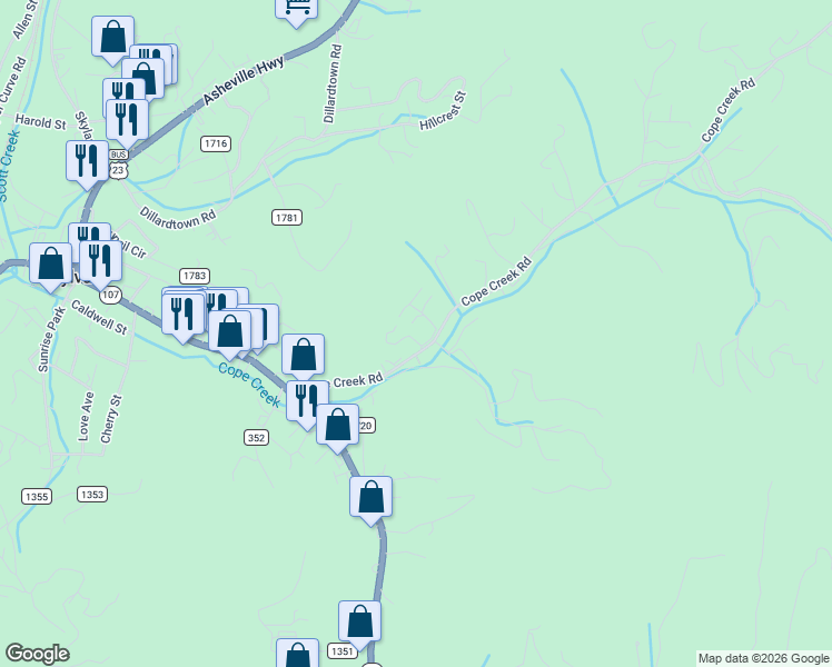 map of restaurants, bars, coffee shops, grocery stores, and more near 168 Retirement Lane in Sylva