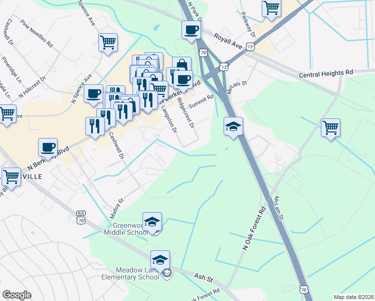 map of restaurants, bars, coffee shops, grocery stores, and more near 700 Forest Road in Goldsboro