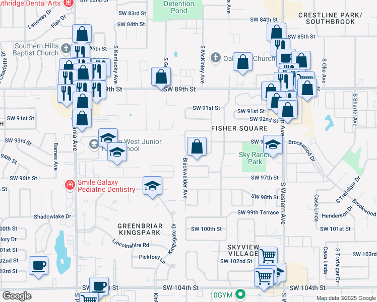 map of restaurants, bars, coffee shops, grocery stores, and more near 1220 Southwest 94th Street in Oklahoma City