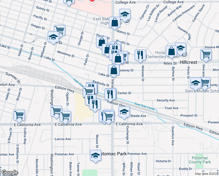 map of restaurants, bars, coffee shops, grocery stores, and more near 2155 Kentucky Street in Bakersfield