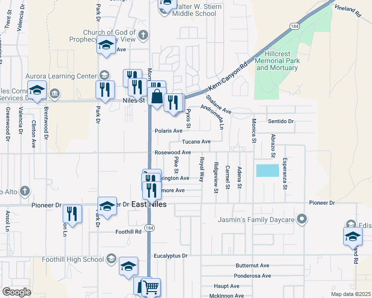 map of restaurants, bars, coffee shops, grocery stores, and more near 8404 Rosewood Avenue in Bakersfield