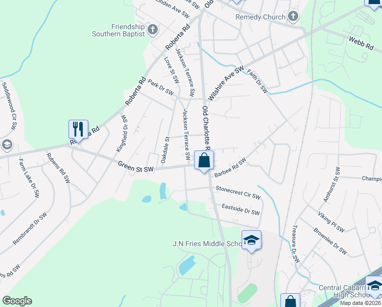 map of restaurants, bars, coffee shops, grocery stores, and more near 42 Bluff Avenue Southwest in Concord