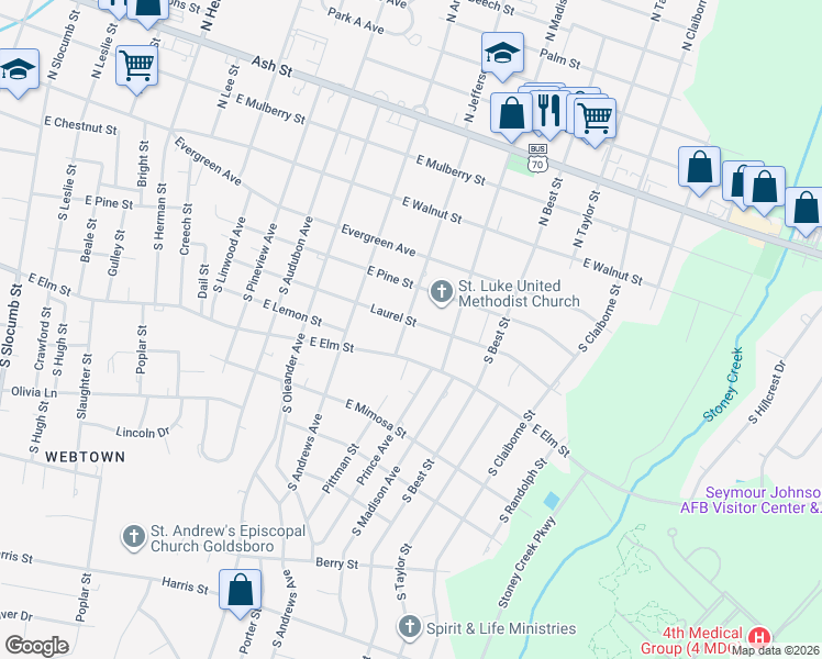 map of restaurants, bars, coffee shops, grocery stores, and more near 400 South Jefferson Avenue in Goldsboro