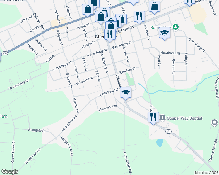 map of restaurants, bars, coffee shops, grocery stores, and more near 409 South Elm Street in Cherryville