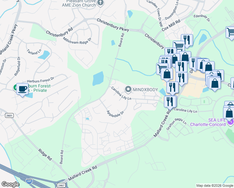 map of restaurants, bars, coffee shops, grocery stores, and more near 8478 Carolina Lily Lane in Charlotte