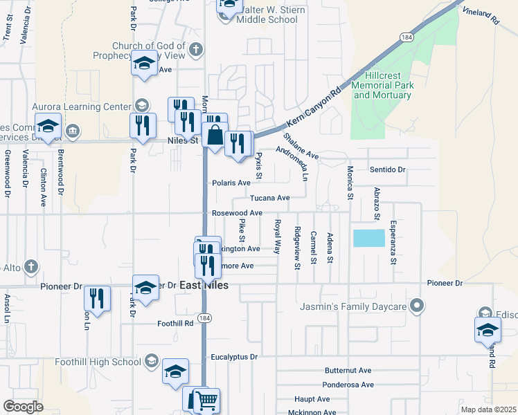 map of restaurants, bars, coffee shops, grocery stores, and more near 8404 Rosewood Avenue in Bakersfield