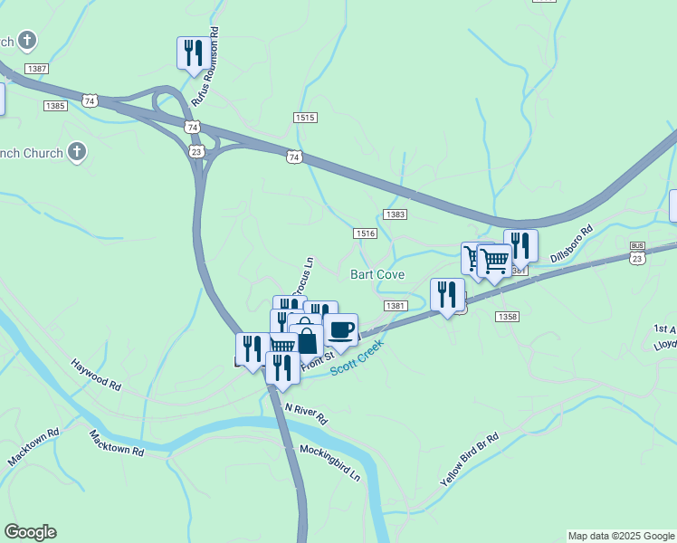 map of restaurants, bars, coffee shops, grocery stores, and more near 555 Jarrett Hills Road in Sylva