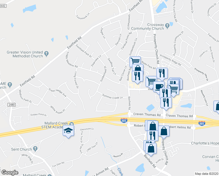 map of restaurants, bars, coffee shops, grocery stores, and more near 6038 Shining Oak Lane in Charlotte