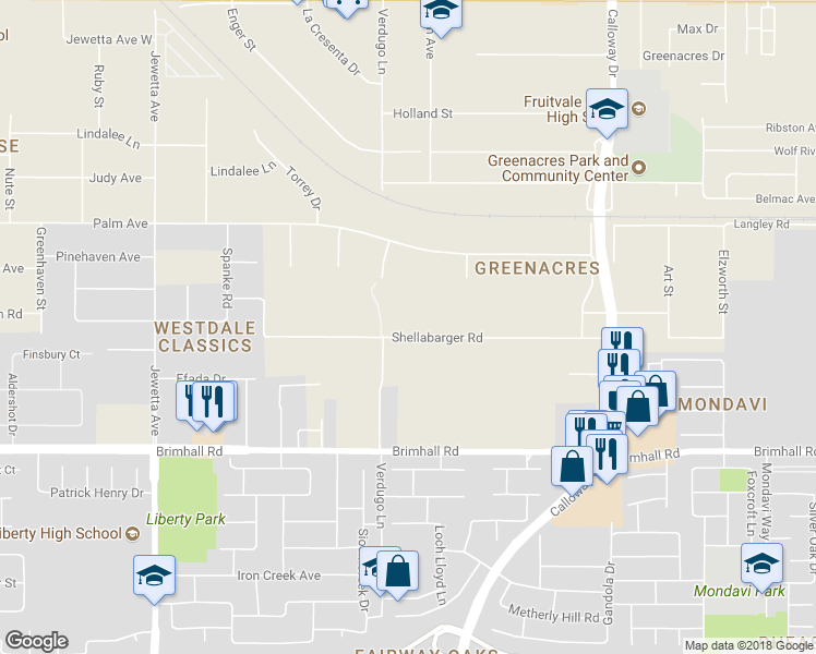 map of restaurants, bars, coffee shops, grocery stores, and more near 10600 Shellabarger Road in Bakersfield