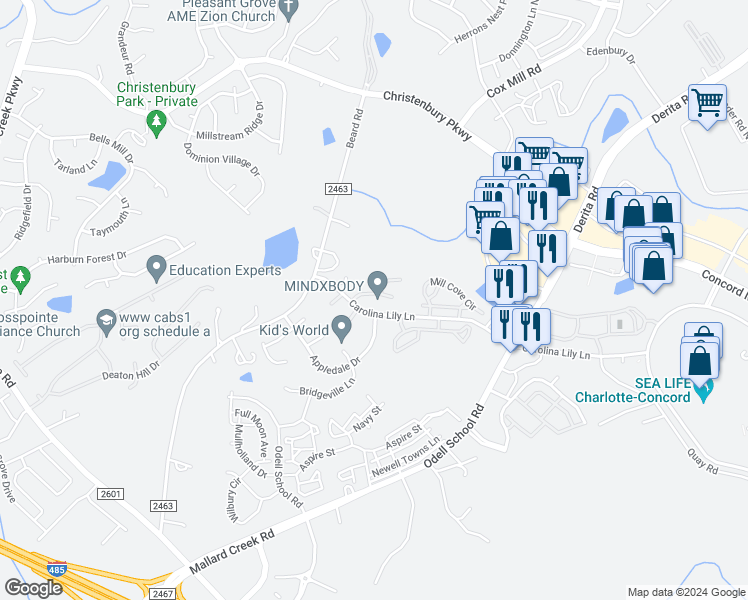 map of restaurants, bars, coffee shops, grocery stores, and more near 3450 Calpella Court in Charlotte