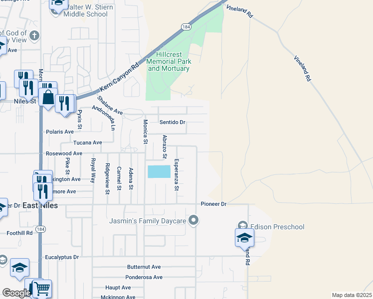 map of restaurants, bars, coffee shops, grocery stores, and more near 9201 La Sonrisa Way in Bakersfield