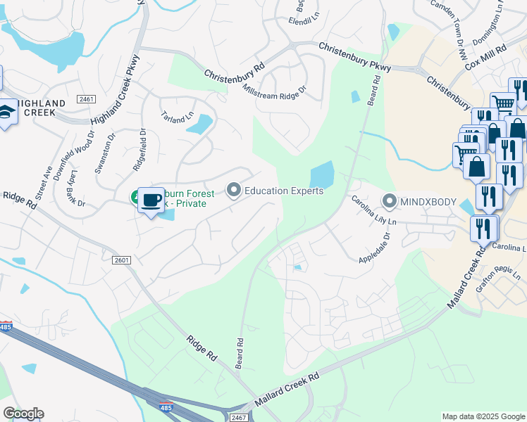 map of restaurants, bars, coffee shops, grocery stores, and more near 2804 Forest Grove Court in Charlotte