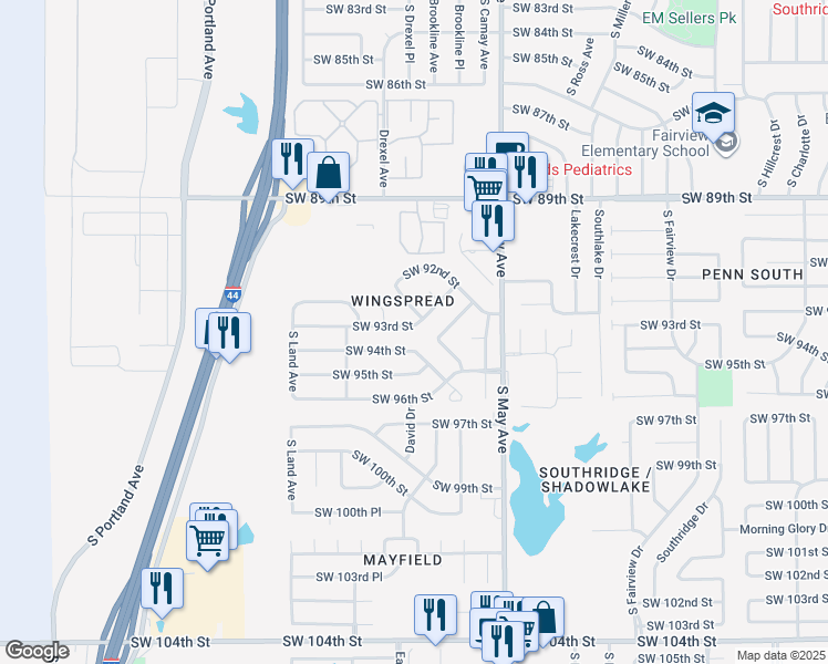 map of restaurants, bars, coffee shops, grocery stores, and more near 3108 Southwest 93rd Street in Oklahoma City