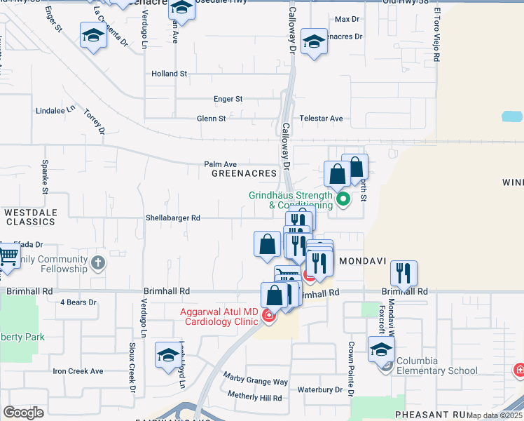 map of restaurants, bars, coffee shops, grocery stores, and more near 1723 Country Breeze Place in Bakersfield