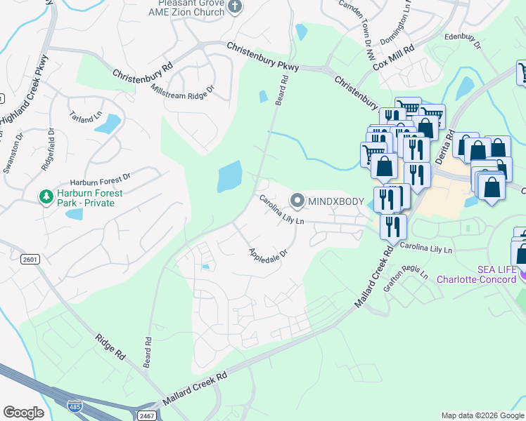 map of restaurants, bars, coffee shops, grocery stores, and more near 8478 Carolina Lily Lane in Charlotte