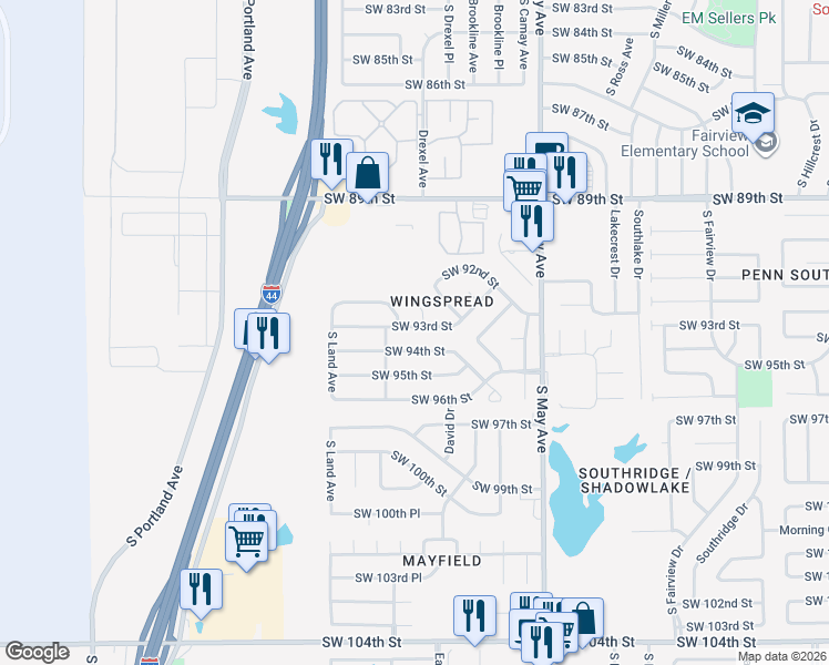 map of restaurants, bars, coffee shops, grocery stores, and more near 3140 Southwest 93rd Street in Oklahoma City