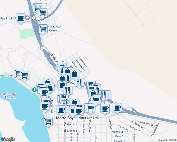 map of restaurants, bars, coffee shops, grocery stores, and more near 1229 Hillcrest Drive in Morro Bay