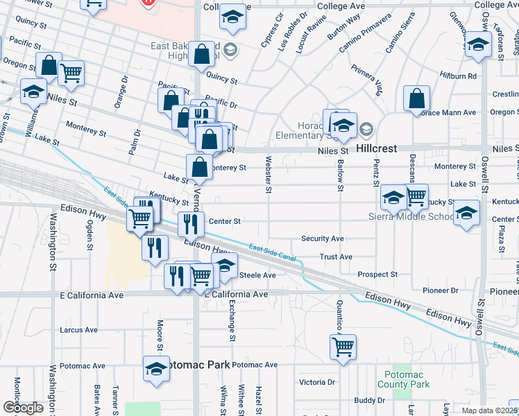 map of restaurants, bars, coffee shops, grocery stores, and more near 1024 Webster Street in Bakersfield