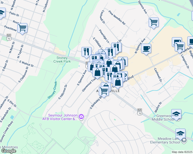 map of restaurants, bars, coffee shops, grocery stores, and more near 2516 East Ash Street in Goldsboro