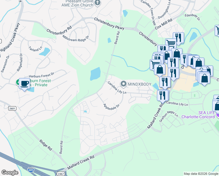 map of restaurants, bars, coffee shops, grocery stores, and more near 8478 Carolina Lily Lane in Charlotte
