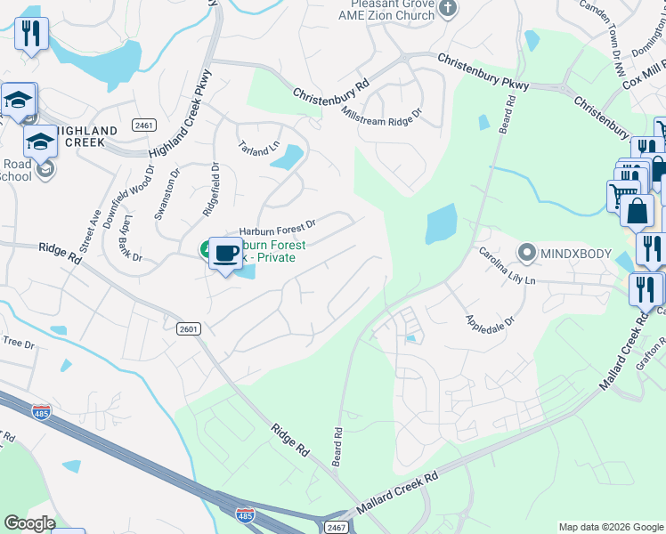 map of restaurants, bars, coffee shops, grocery stores, and more near 2716 Highland Park Drive in Charlotte