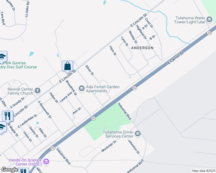 map of restaurants, bars, coffee shops, grocery stores, and more near 131 Silver Street in Tullahoma