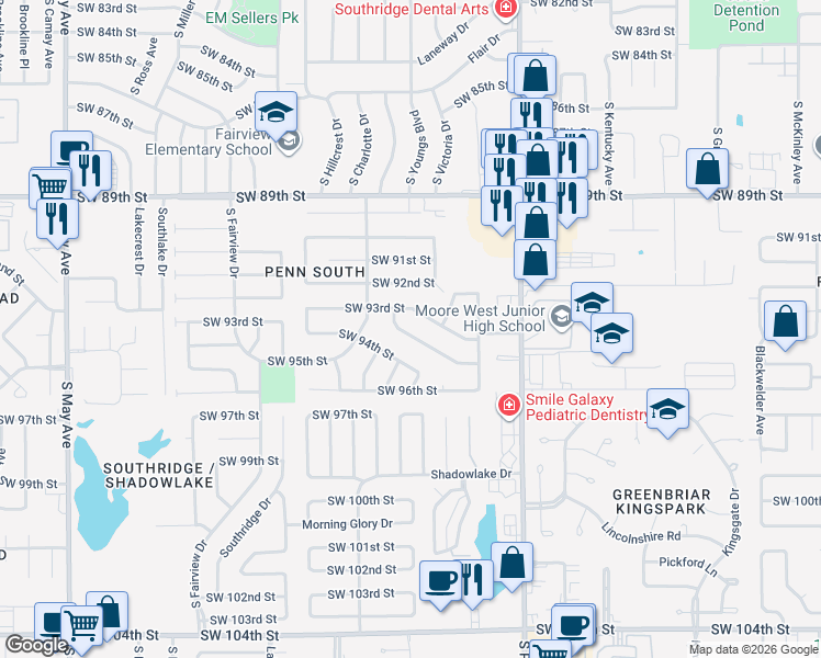 map of restaurants, bars, coffee shops, grocery stores, and more near 2313 Southwest 94th Terrace in Oklahoma City