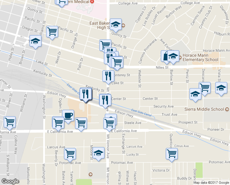 map of restaurants, bars, coffee shops, grocery stores, and more near 2315 Kentucky Street in Bakersfield