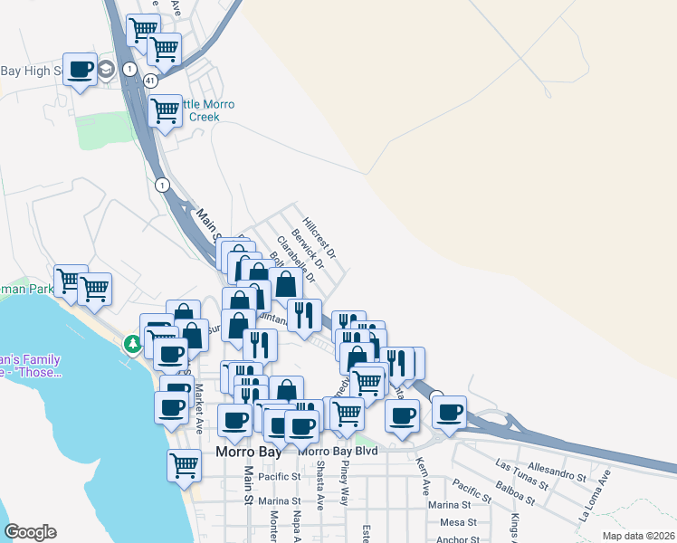 map of restaurants, bars, coffee shops, grocery stores, and more near 1229 Hillcrest Drive in Morro Bay