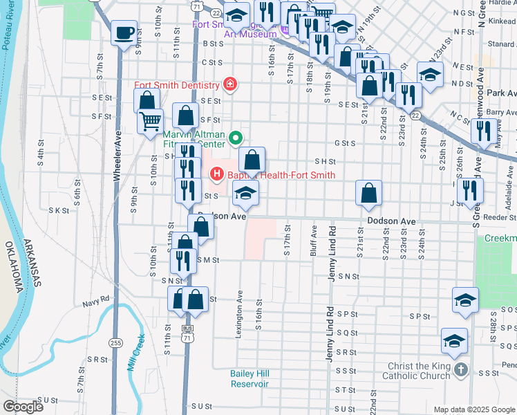 map of restaurants, bars, coffee shops, grocery stores, and more near 1501 Dodson Avenue in Fort Smith