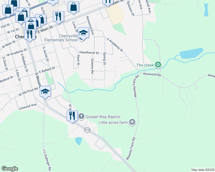 map of restaurants, bars, coffee shops, grocery stores, and more near 809 Spring Street in Cherryville