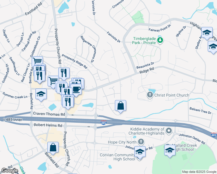 map of restaurants, bars, coffee shops, grocery stores, and more near 5329 Johnston Mill Court in Charlotte