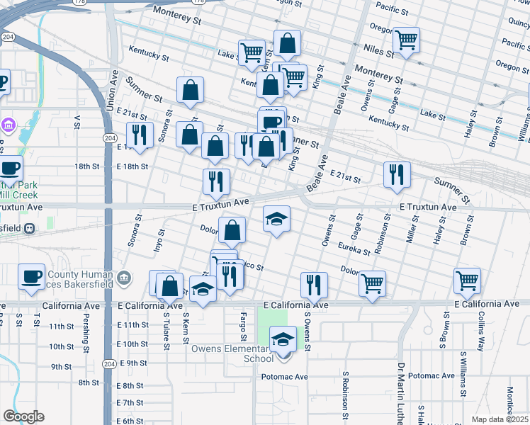 map of restaurants, bars, coffee shops, grocery stores, and more near 717 East 18th Street in Bakersfield