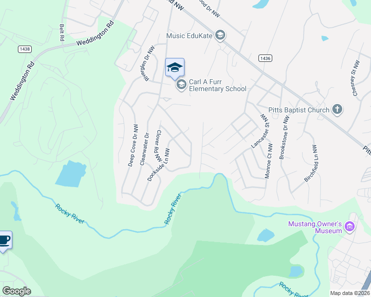 map of restaurants, bars, coffee shops, grocery stores, and more near 418 Whitewater Way Northwest in Concord