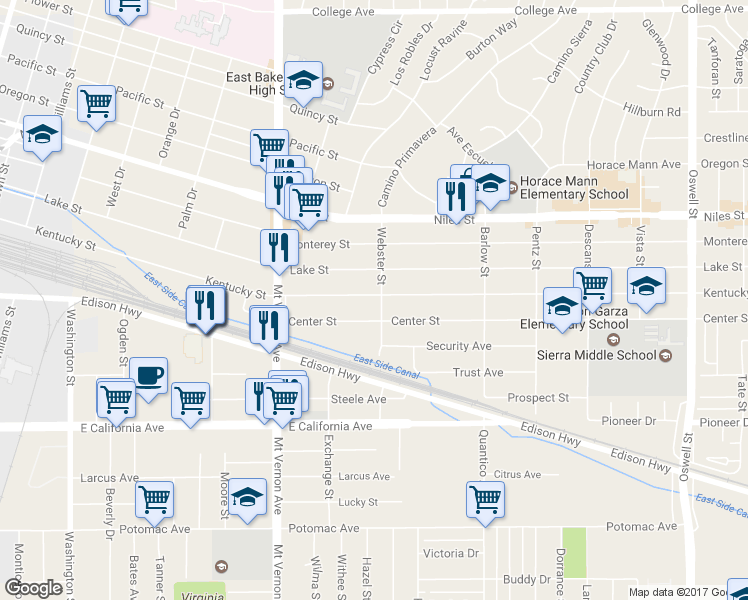map of restaurants, bars, coffee shops, grocery stores, and more near 1024 Webster Street in Bakersfield
