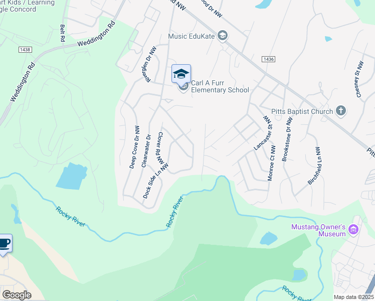 map of restaurants, bars, coffee shops, grocery stores, and more near 418 Whitewater Way Northwest in Concord