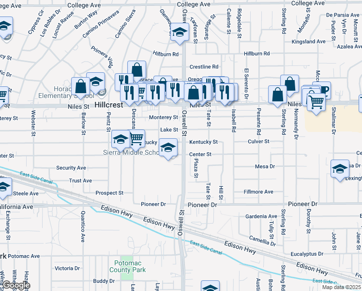 map of restaurants, bars, coffee shops, grocery stores, and more near 1022 Oswell Street in Bakersfield