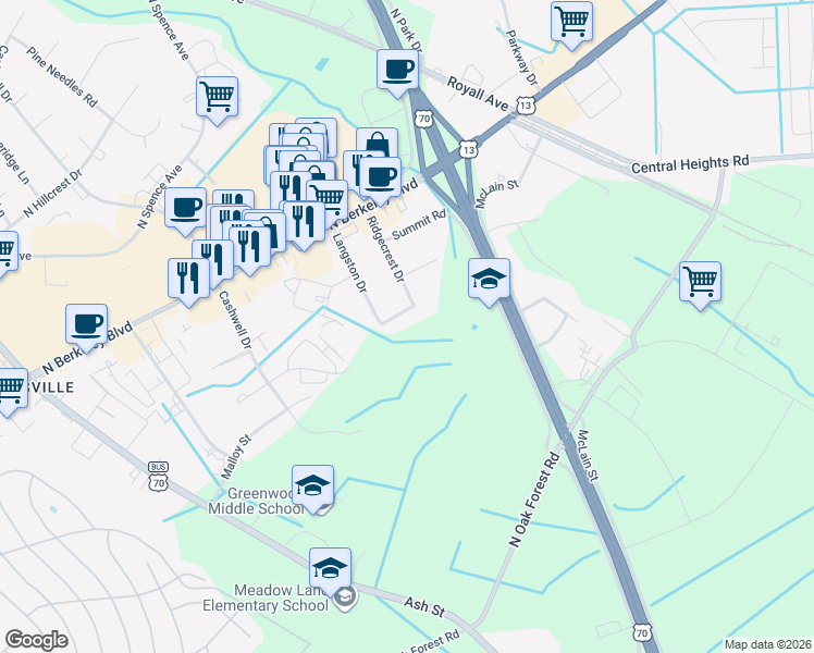 map of restaurants, bars, coffee shops, grocery stores, and more near 700 Forest Road in Goldsboro