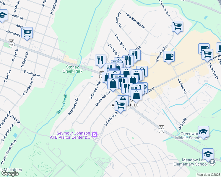 map of restaurants, bars, coffee shops, grocery stores, and more near 2516 East Ash Street in Goldsboro