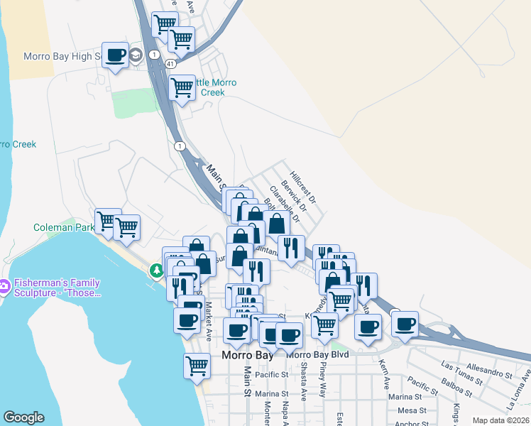 map of restaurants, bars, coffee shops, grocery stores, and more near 1300 Prescott Drive in Morro Bay